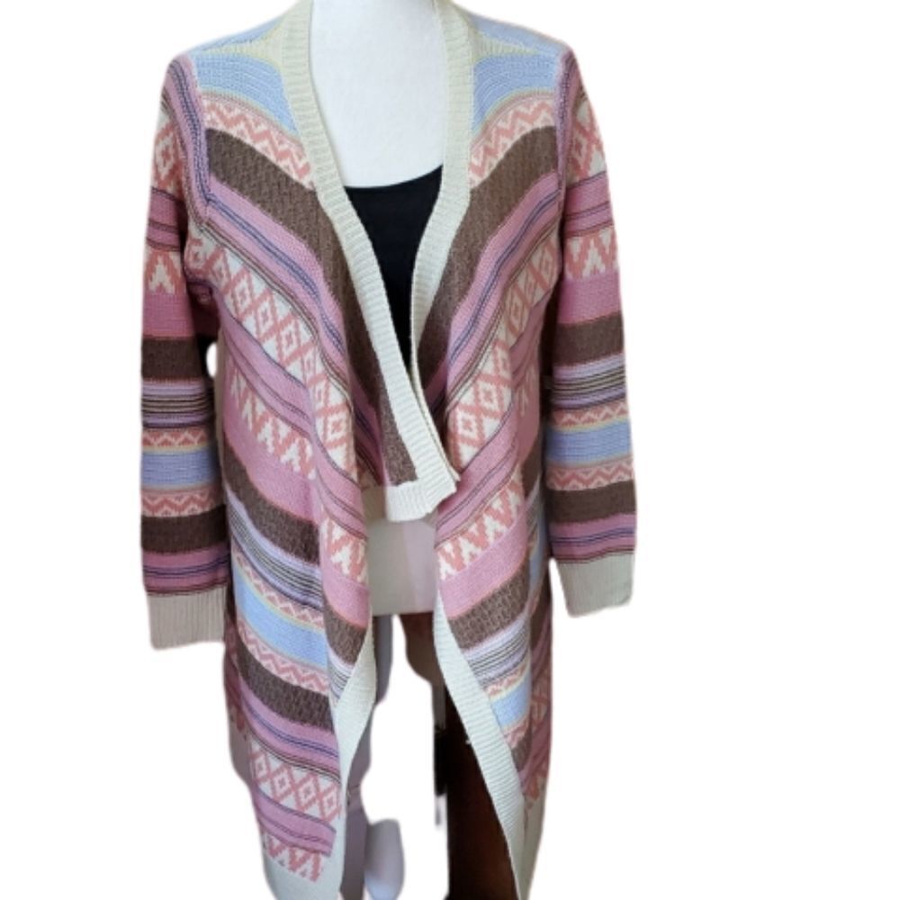 LOVE  cardigan open‎ front stripe diamond print sweater M